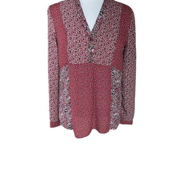 Zara Blouse Burgundy Floral Mixed Media Buttoned Pleated Pullover Top Medium - Picture 6 of 6